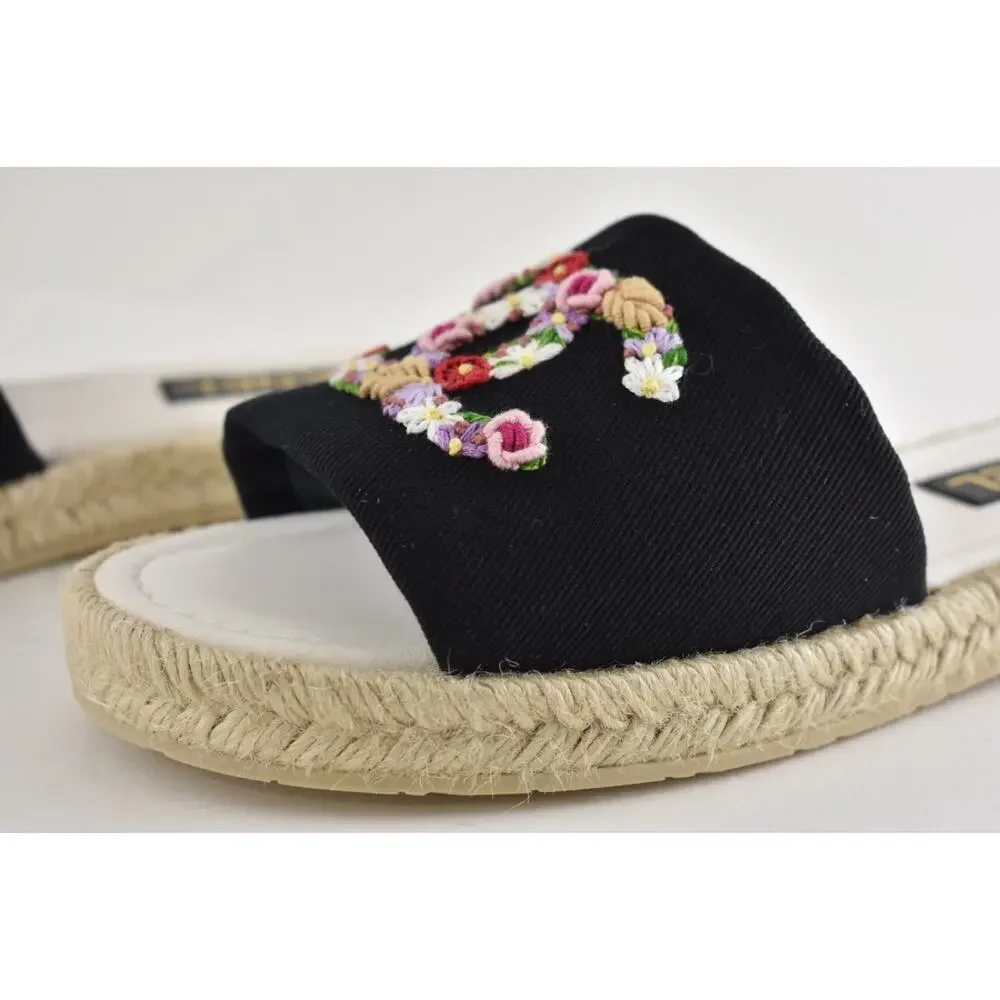 Chanel 25S Black Canvas Floral Crochet CC Logo Slide Sandal Espadrille Flat 41